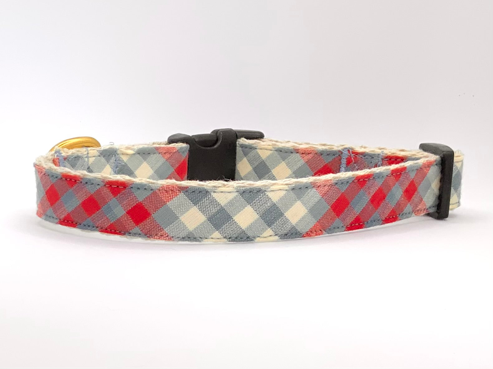blue and red check dog collar